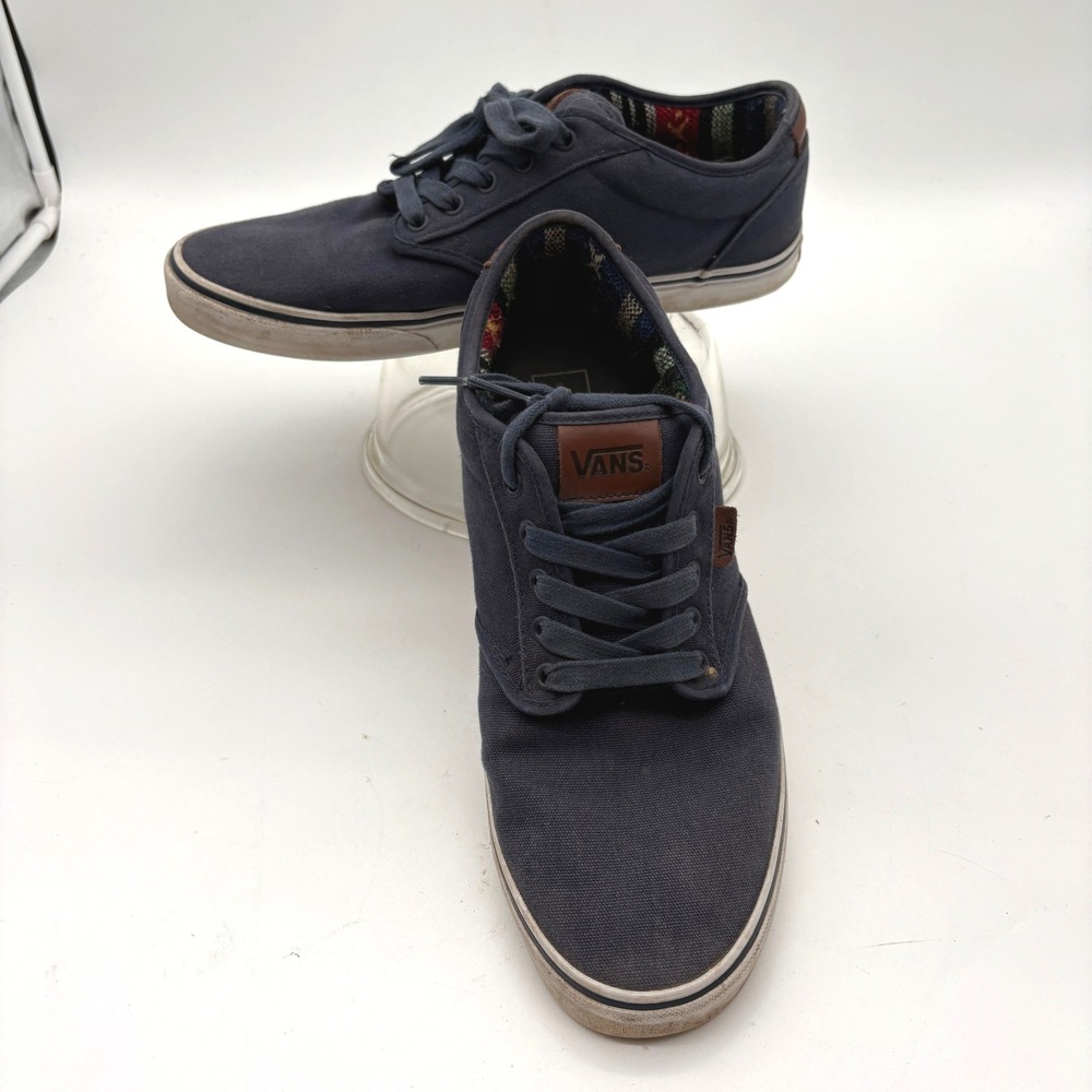 Vans Atwood Navy Blue Canvas Low Top Skate Shoes Brown Accents Mens 13